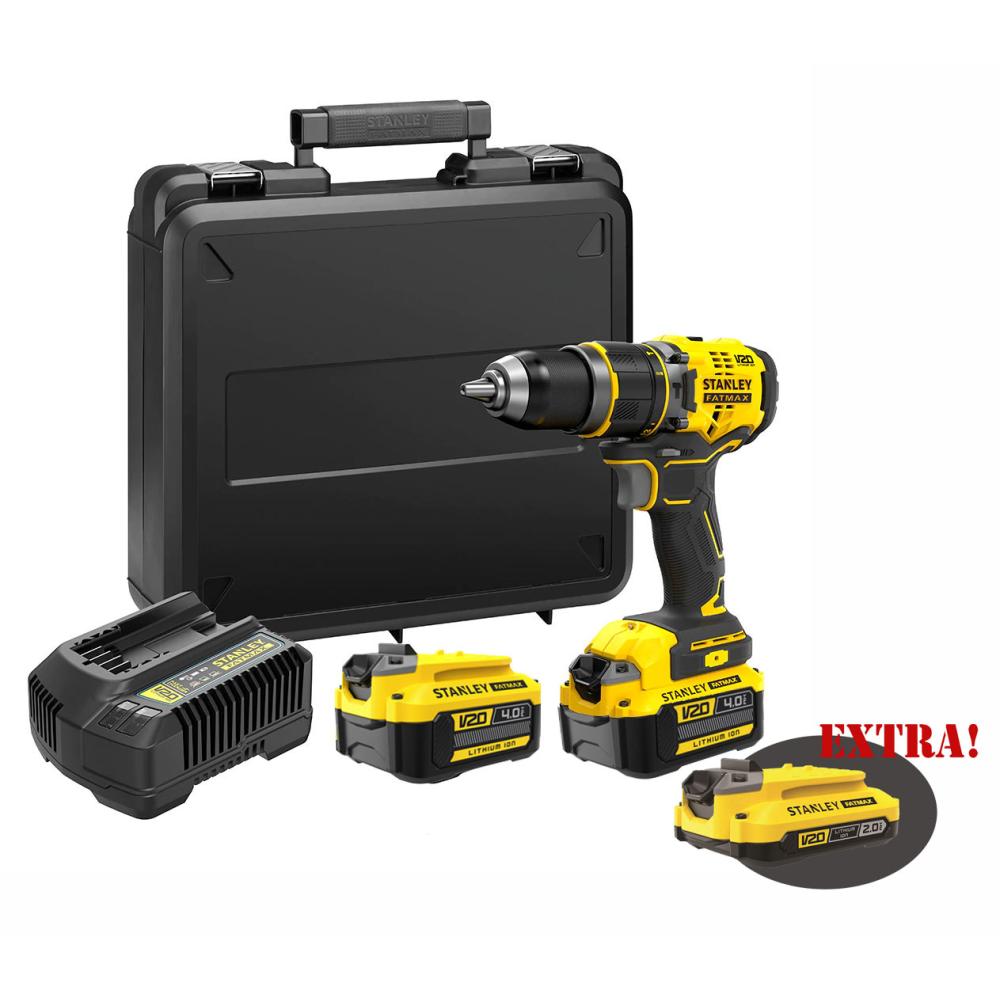Trapano Avvitatore con percussione Brushless a batteria 18V con 2 batterie LI-Ion 4 Ah V20 + 1 BATTERIA LI-Ion 2 Ah SFMCD721M2K-QW FATMAX® STANLEY®